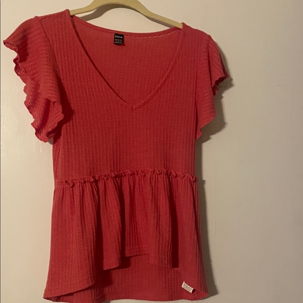 SHEIN Red Ruffle Sleeve Peplum Blouse
